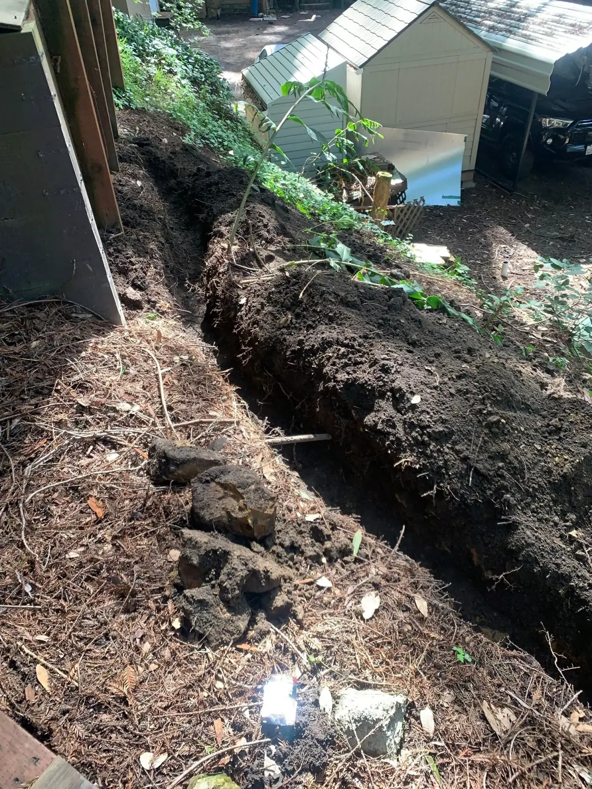 Open trench dug along a wooded hillside yard
